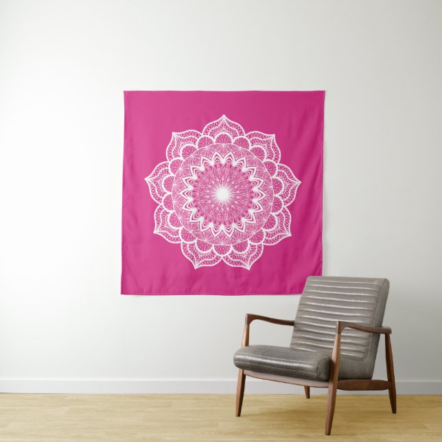 White Mandala on Pink Background Tapestry (In Situ)