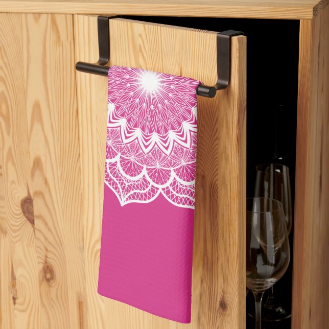 White Mandala on Pink Background Tea Towel (Thirds Fold)