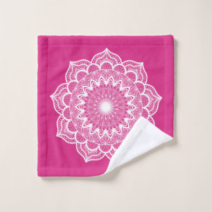 White Mandala on Pink Background Wash Cloth