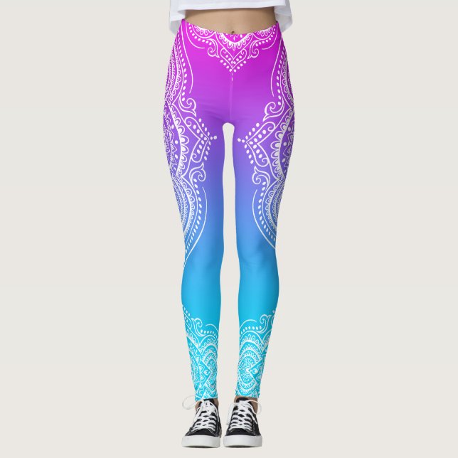 White mandala on pink to blue ombre leggings (Front)