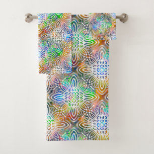White Mandala Pattern Over Colorful Jewel Tones Bath Towel Set