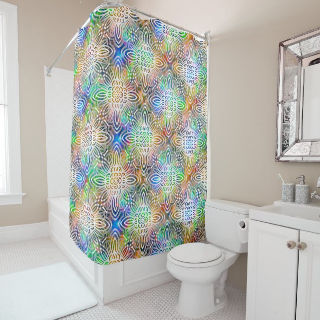 White Mandala Pattern Over Colourful Jewel Tones Shower Curtain (In Situ)