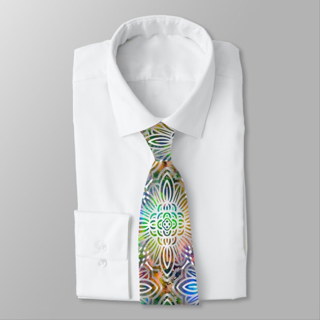 White Mandala Pattern Over Colourful Jewel Tones Tie (Tied)