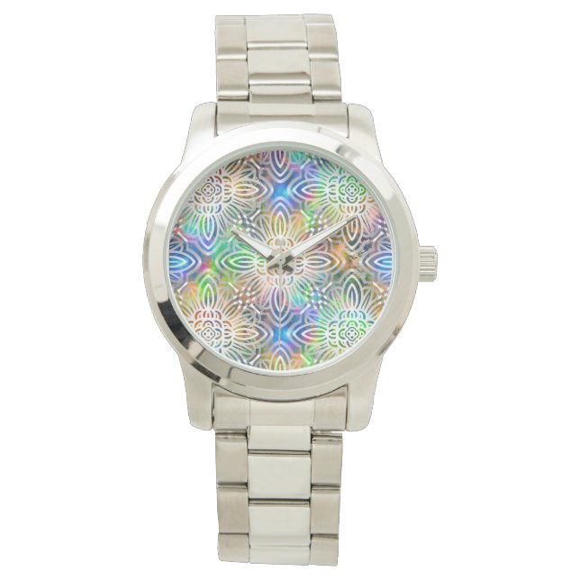 White Mandala Pattern Over Colourful Jewel Tones Watch (Front)