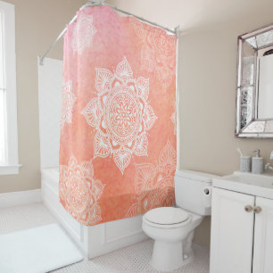White mandalas on coral marble background shower curtain