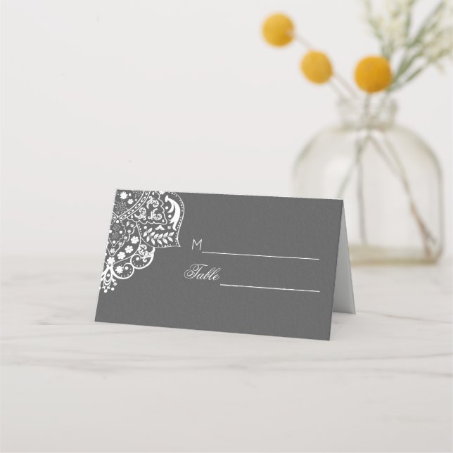 White Mandela On Grey Damask Place Card (Front)