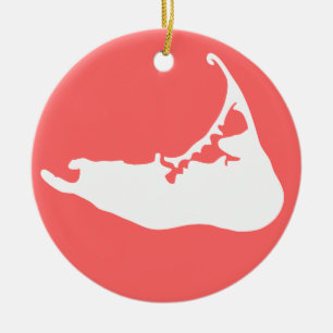White Map of Nantucket Island, Massachusetts Ceramic Tree Decoration