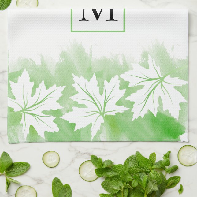 White maple leaf green watercolor wash, monogram tea towel (Folded)
