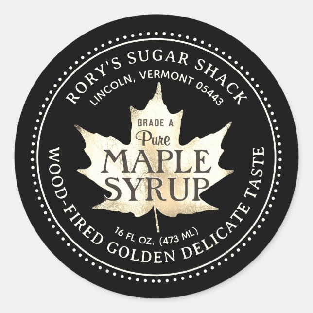 White Maple Leaf Maple Syrup Editable Label Black (Front)