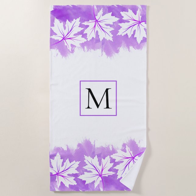 White maple leaf purple watercolor wash, monogram beach towel (Front)
