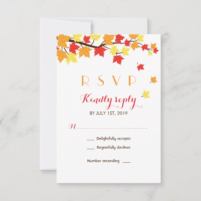 White Maple Leaves Fall Season Wedding RSVP Card (Front)