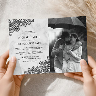 White Marble and Black Lace Photo QR Code Wedding Invitation