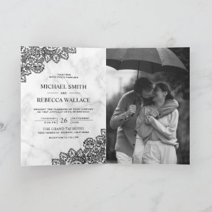 White Marble and Black Lace Photo QR Code Wedding Invitation