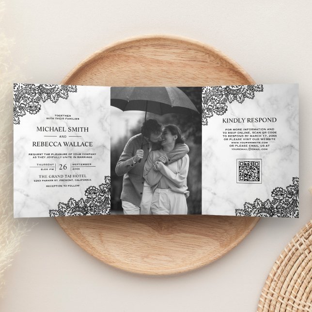 White Marble and Black Lace Photo QR Code Wedding Tri-Fold Invitation (Creator Uploaded)