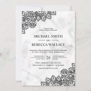 White Marble and Black Lace QR Code Wedding Invitation