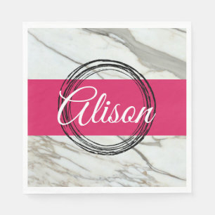 White marble and fuchsia pink add name napkin