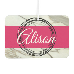 White marble and fuchsia pink girly add name car air freshener