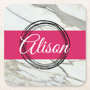 White marble and fuchsia pink girly add name square paper coaster
