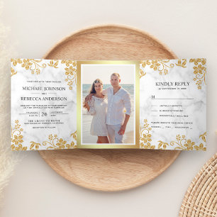 White Marble and Gold Foil Floral Leaves Wedding Tri-Fold Invitation