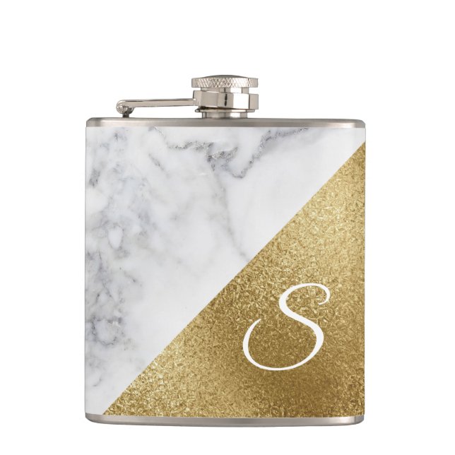 White Marble and Gold Foil Look Flask (Front)