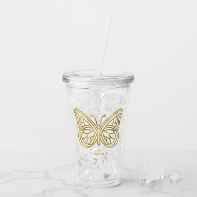 White Marble and Gold Geometric Butterfly Acrylic Tumbler (Back Ice)