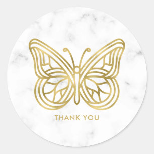 White Marble and Gold Geometric Butterfly Classic Round Sticker