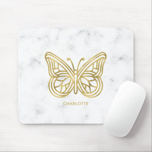 White Marble and Gold Geometric Butterfly Mouse Mat
