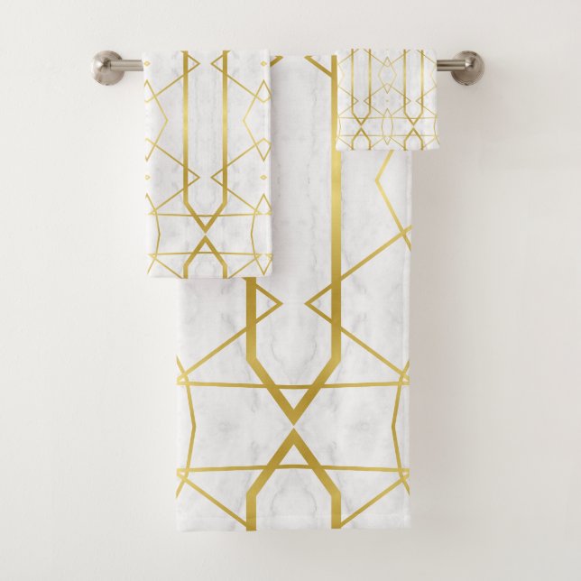 White Marble and Gold Geometric pattern Bath Towel Set (Insitu)