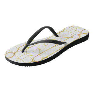 White Marble and Gold Geometric pattern Flip Flops