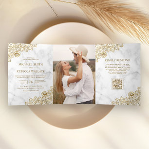 White Marble and Gold Lace Photo QR Code Wedding Tri-Fold Invitation