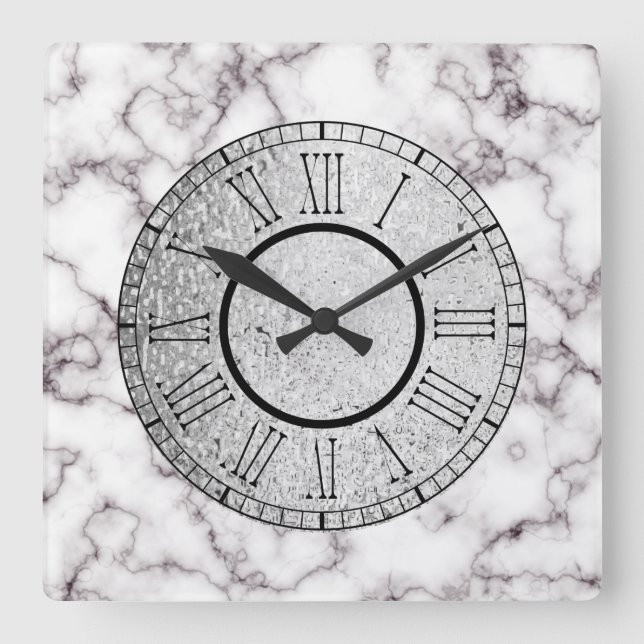 White Marble and Grey w/ Silver and Roman Numerals Square Wall Clock (Front)
