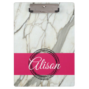 White marble and pink fuchsia custom name girly clipboard