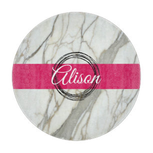 White marble and pink fuchsia custom name girly cutting board