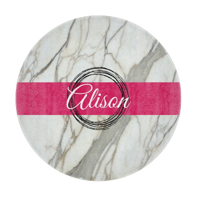 White marble and pink fuchsia custom name girly cutting board (Front)