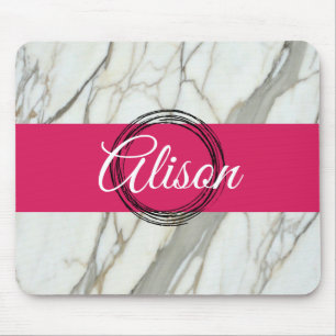 White marble and pink fuchsia custom name girly mouse mat