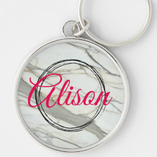 White marble and pink fuchsia name key ring