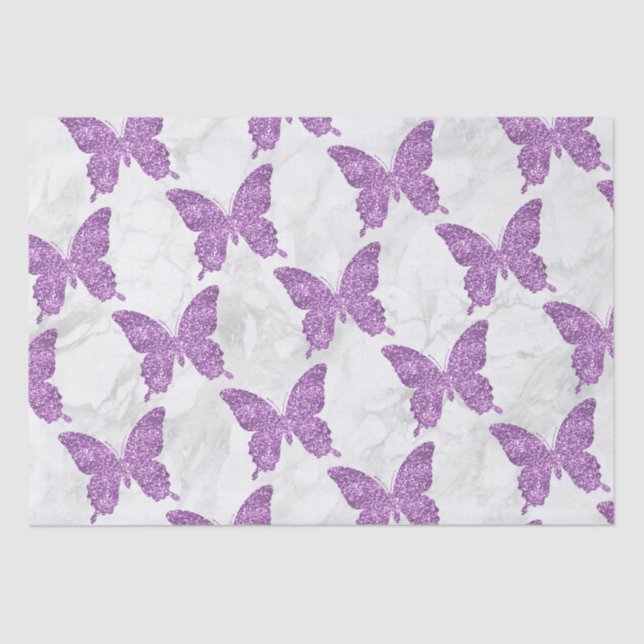 White Marble and Purple Glitter Butterflies Tissue Paper (Front)