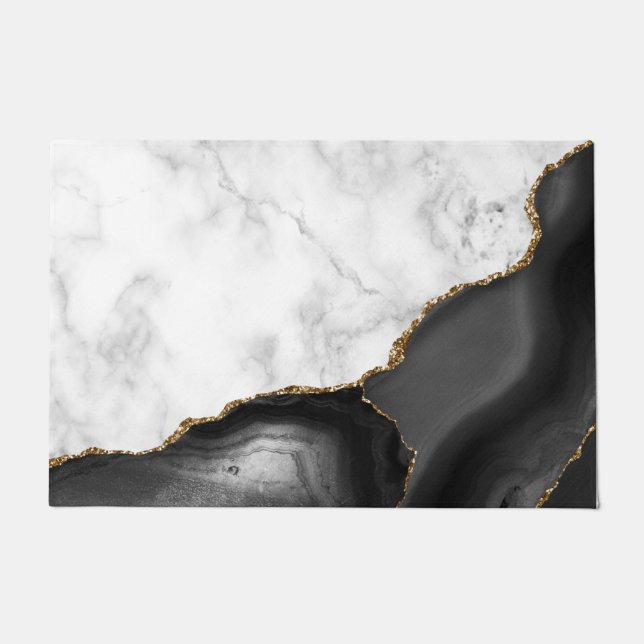 White Marble Black Agate Gold Glitter Doormat (Front)