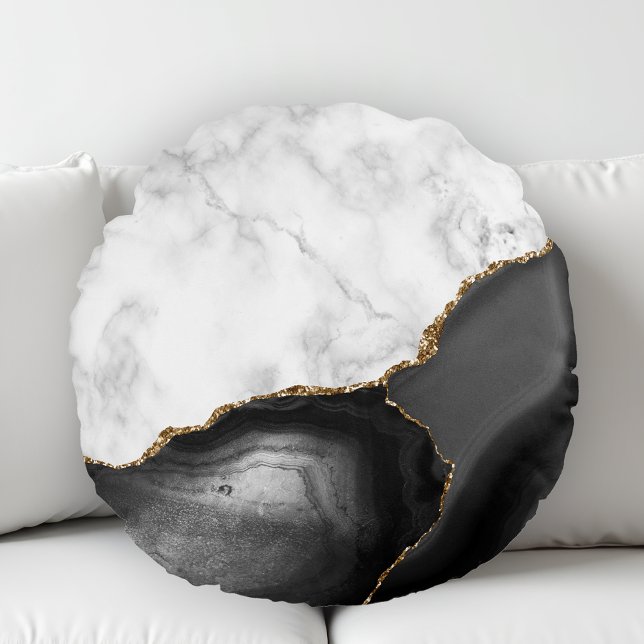 White Marble Black Agate Gold Glitter Round Cushion (Creator Uploaded)