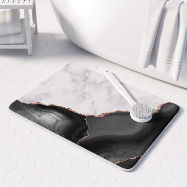 White Marble Black Agate Rose Gold Glitter Bath Mat (Creator Uploaded)