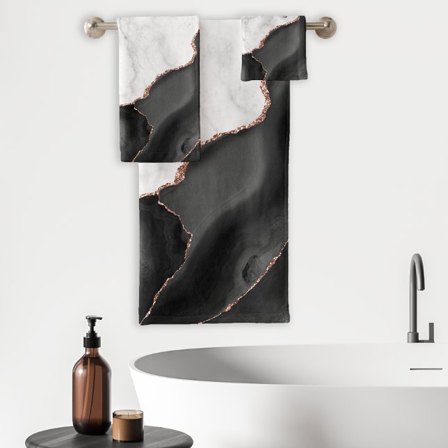 White Marble Black Agate Rose Gold Glitter Bath Towel Set (Creator Uploaded)