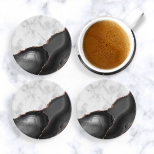 White Marble Black Agate Rose Gold Glitter Coaster