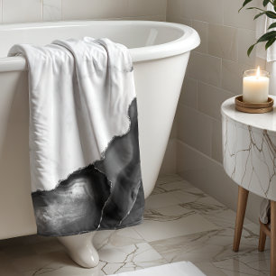 White Marble Black Agate Silver Glitter Bath Towel