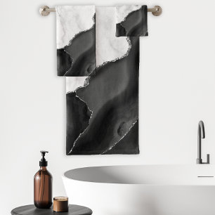 White Marble Black Agate Silver Glitter Bath Towel Set