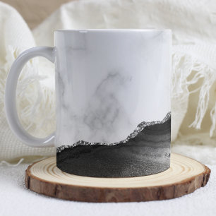 White Marble Black Agate Silver Glitter  Coffee Mug