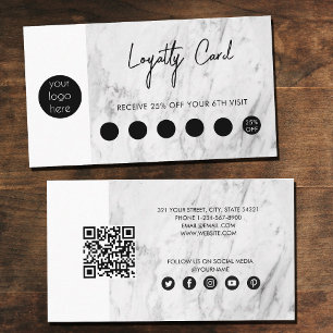 White Marble Black Business Logo QR Code Loyalty  Card