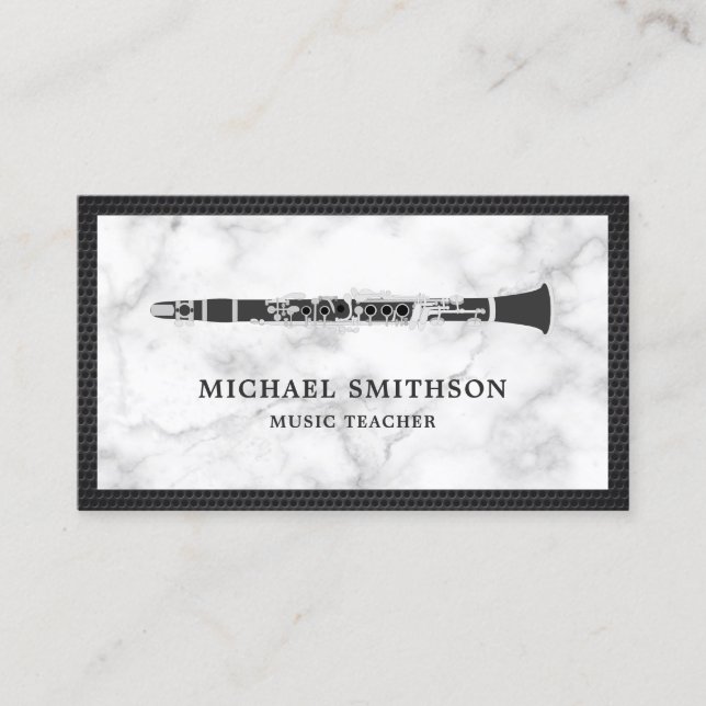 White Marble Black Clarinet Music Teacher Business Card (Front)