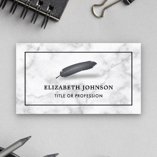 White Marble Black Feather Vintage Quill Pen Business Card