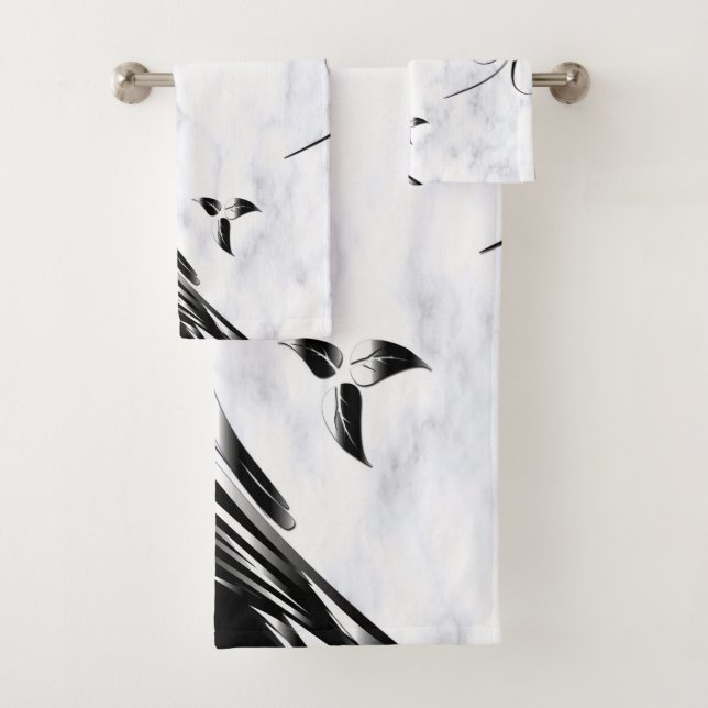 White Marble, Black Filigree Graphic Bath Towel Set (Insitu)