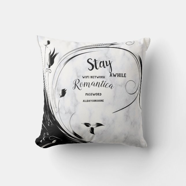 White Marble, Black Filigree Graphic Cushion (Front)